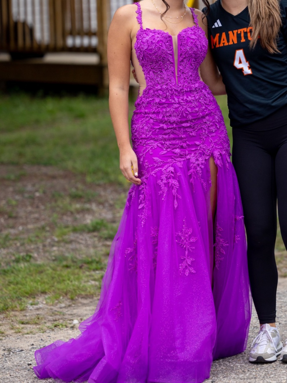 Fuchsia Floral Lace Prom Gown with Plunging Bodice
